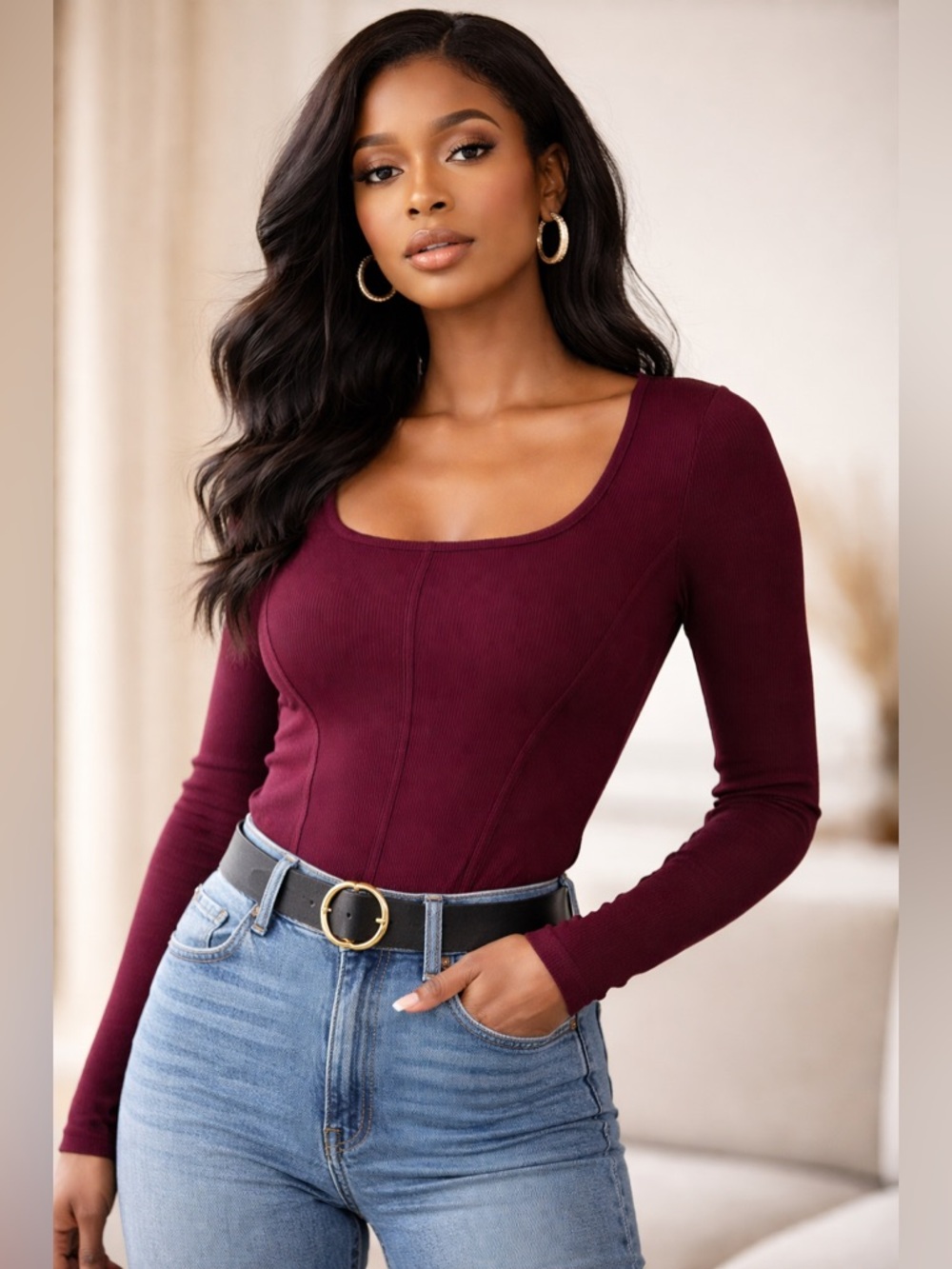 House of Harlow 1960 Revolve Burgundy Ribbed Knit Long Sleeve Square neck Top L